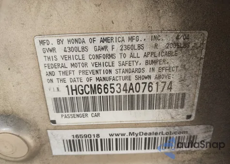 2004 Honda Accord 3.0 Ex из США, поврежденный, VIN 1HGCM66534A076174